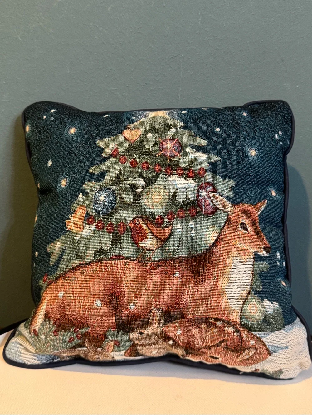 Needlepoint Tapestry Throw Pillow with a Christmas Tree - deer, Fawn, rabbit